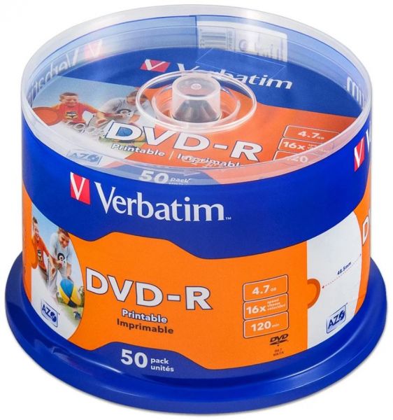 Диск DVD-R Verbatim 4,7Gb 16x Cake Box InkJet Printable (50шт) 43533
